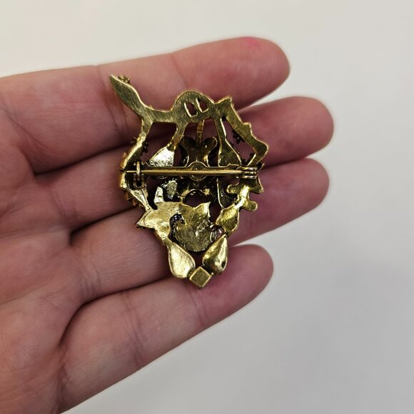 Vintage Gold Tone Metal Teardrop Crescent Moon Rhinestone Brooch Leaf Pin - Picture 5 of 7